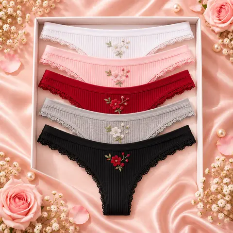 5'li Nakış Detaylı Pamuklu String Külot Seti